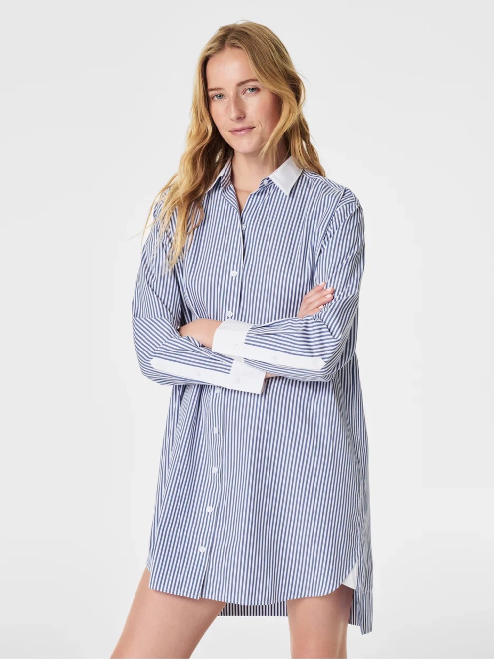 SPANX NWT Blue and White Striped Button-Up Shirt